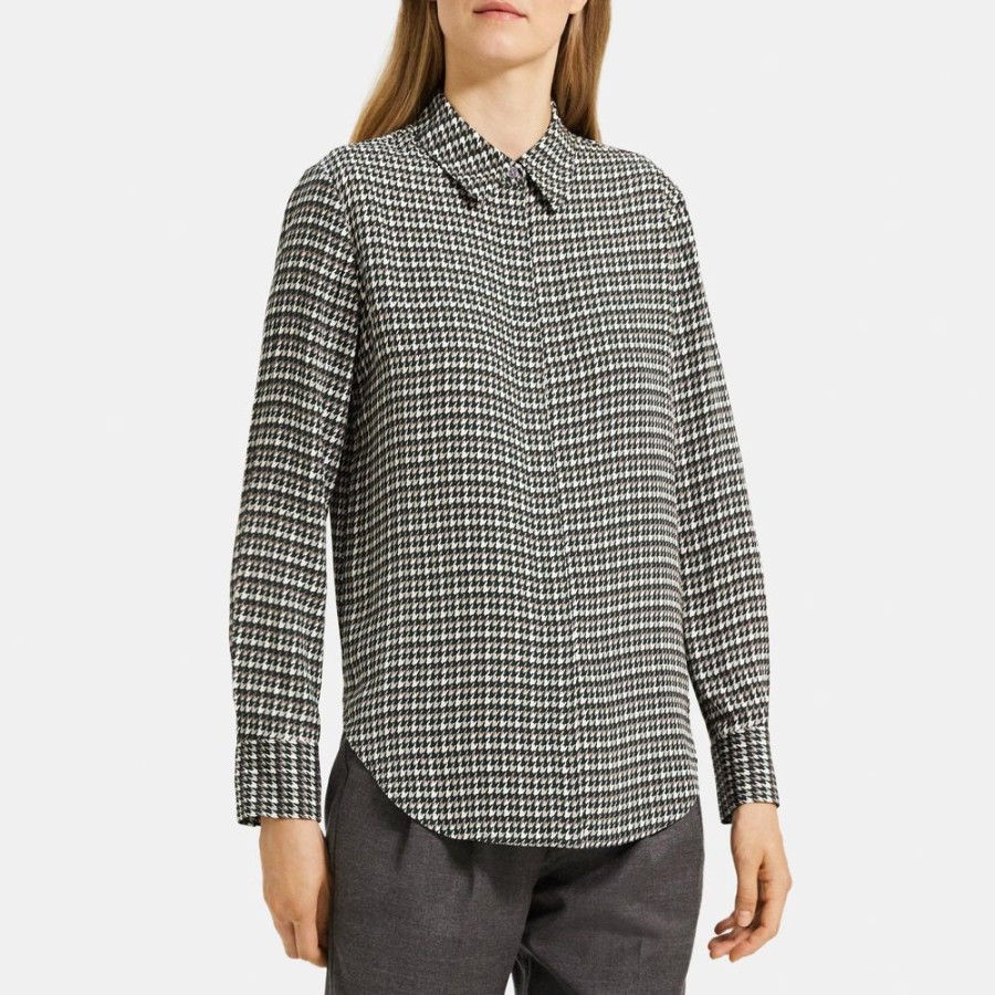 Women Theory Outlet | Relaxed Shirt In Houndstooth Viscose Sea Storm Multi