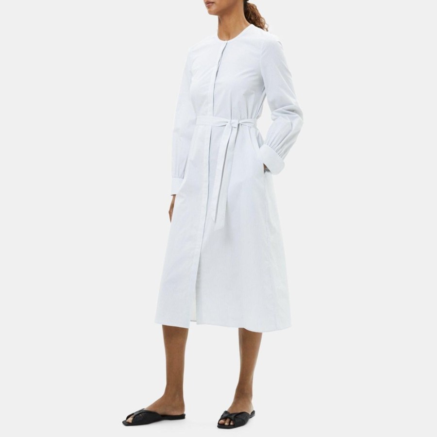 Women Theory Outlet | Shirt Dress In Pinstripe Stretch Cotton White/Navy