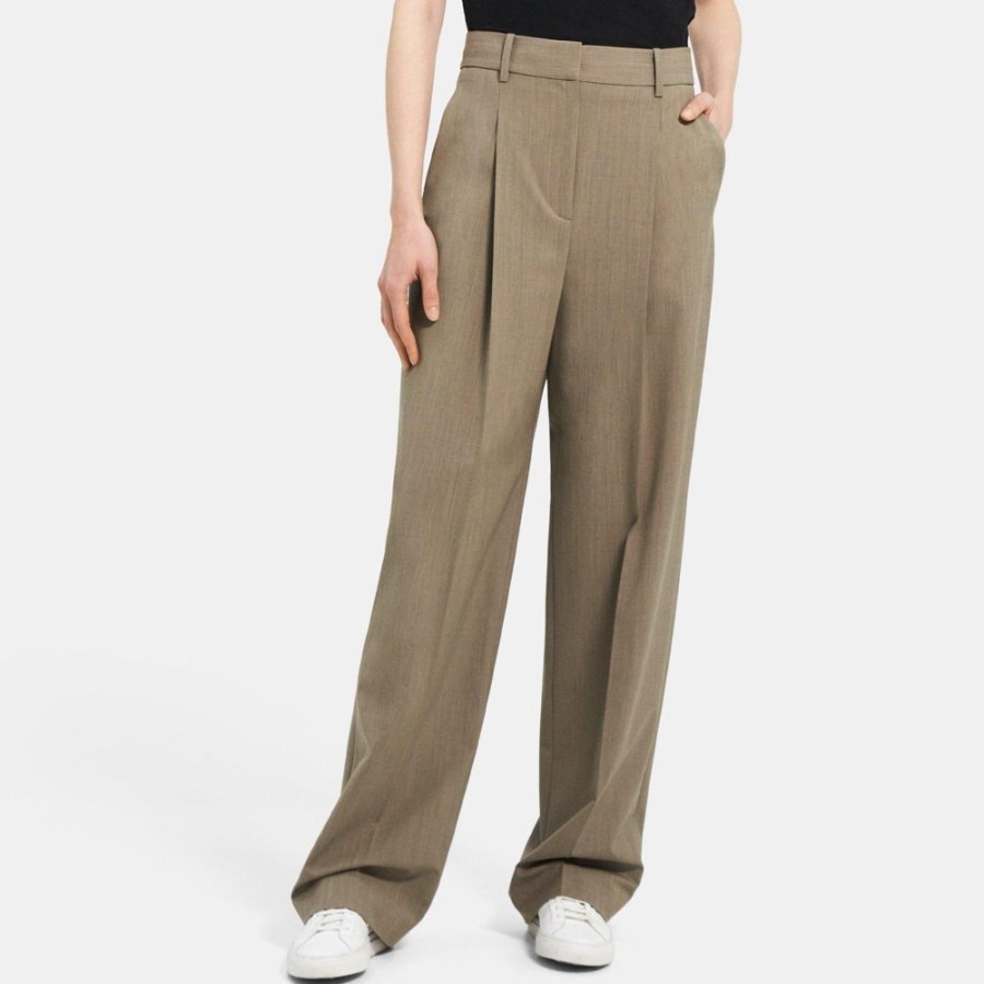 Women Theory Outlet | Pleated Wide-Leg Pant In Stretch Wool Khaki Melange