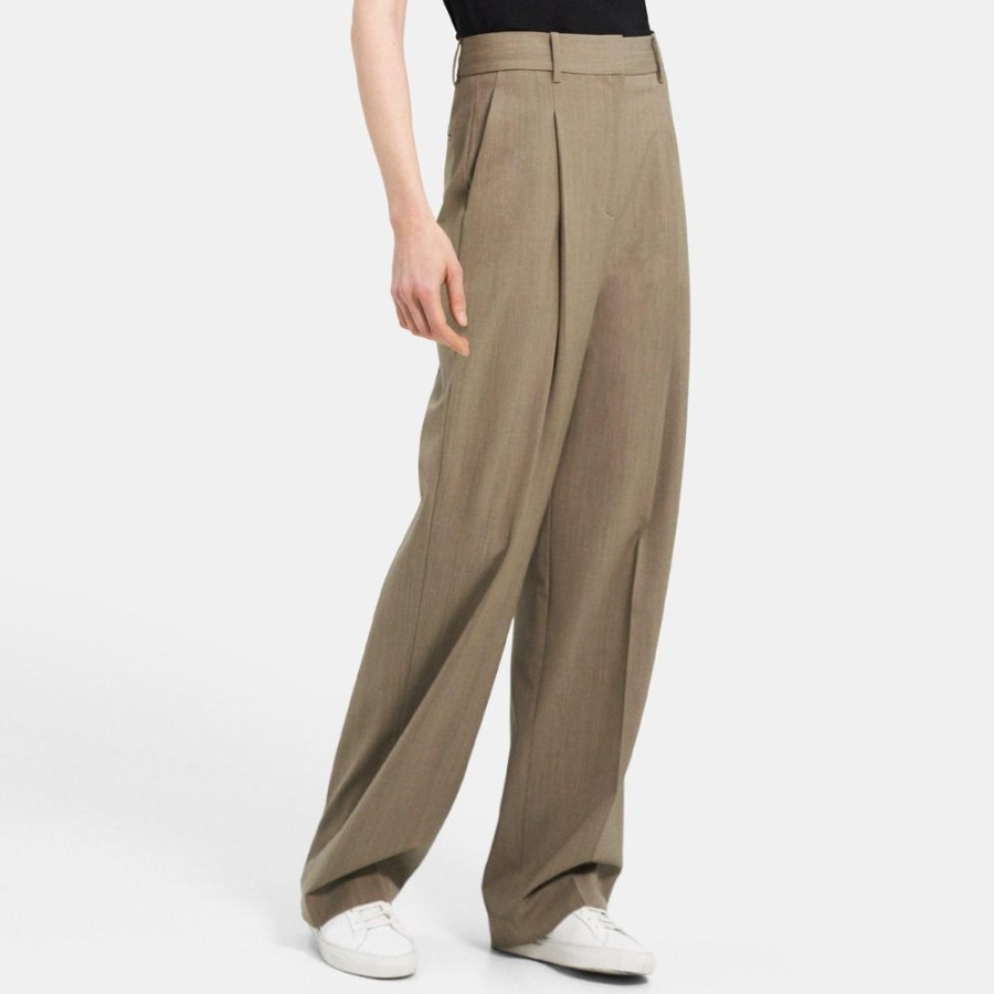 Women Theory Outlet | Pleated Wide-Leg Pant In Stretch Wool Khaki Melange