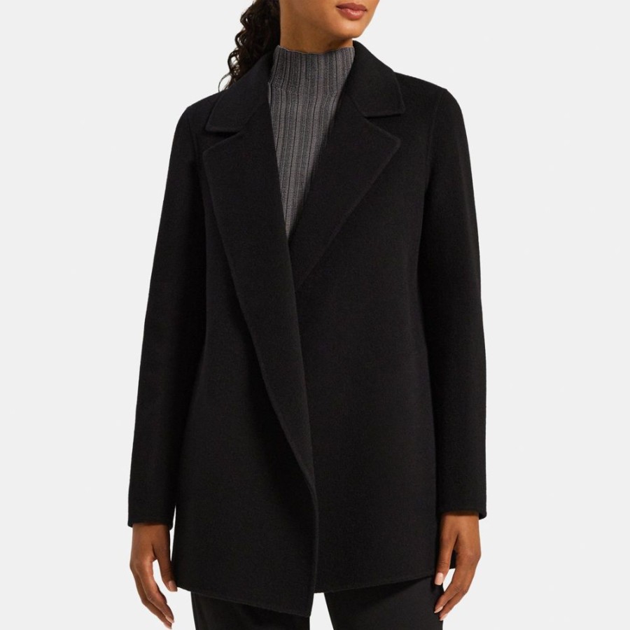 Women Theory Outlet | Open Front Coat In Double-Face Wool-Cashmere Black