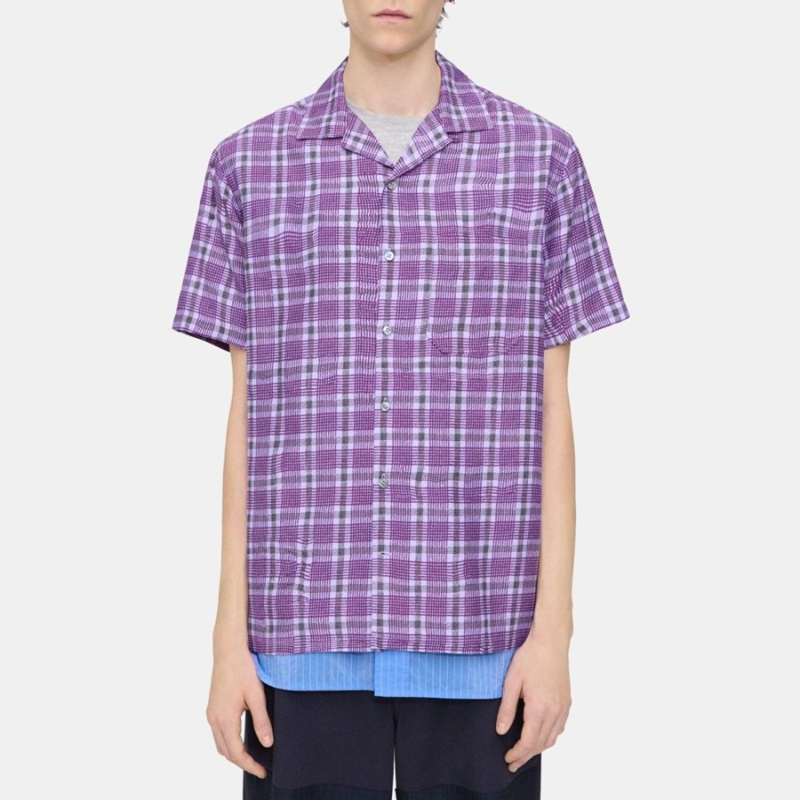 Men Theory Outlet | Camp Shirt In Wrinkle Check Plum Multi