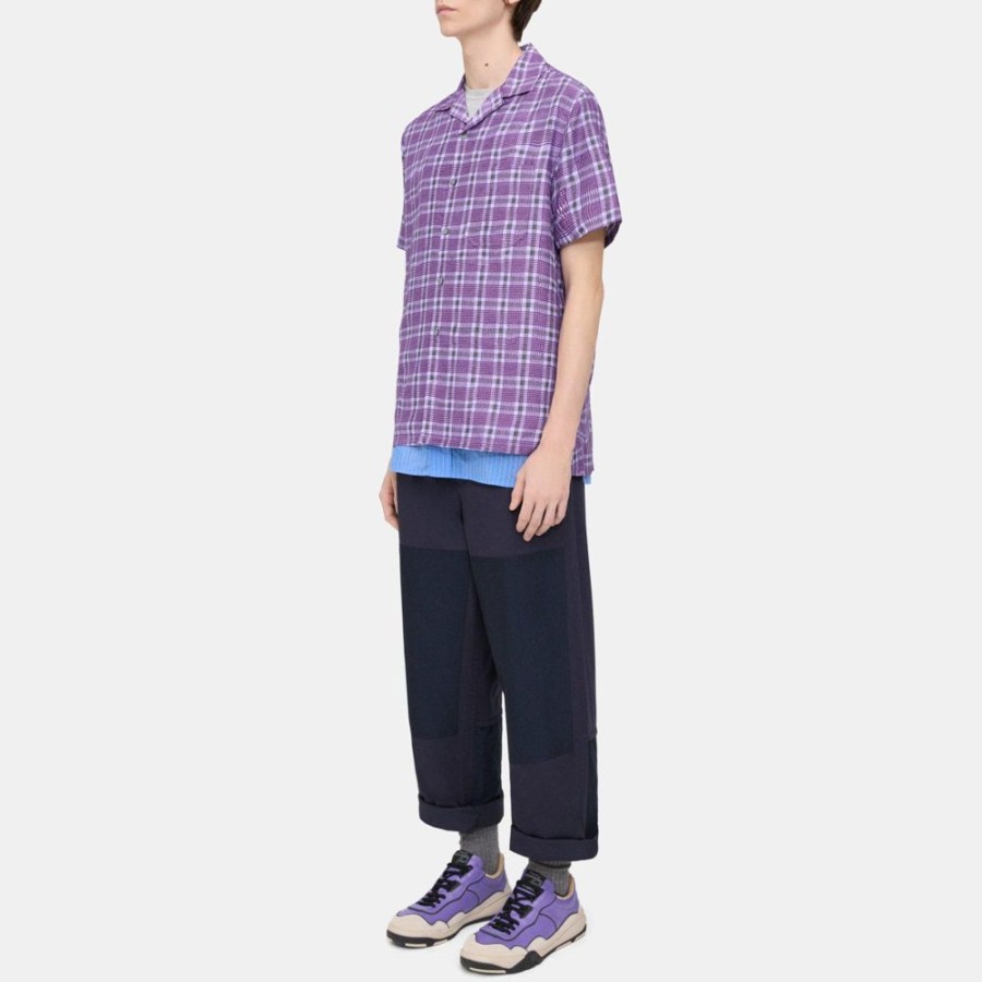 Men Theory Outlet | Camp Shirt In Wrinkle Check Plum Multi