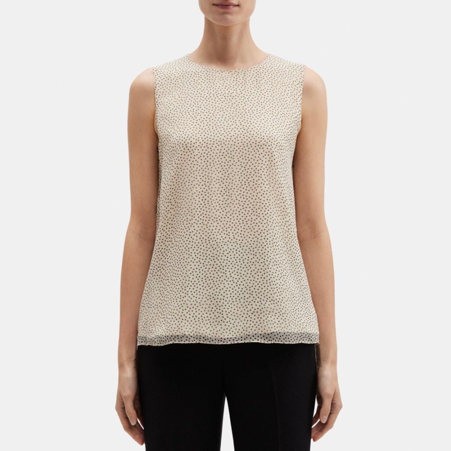 Women Theory Outlet | Straight Shell Top In Polka Dot Silk Chiffon Oatmeal Multi