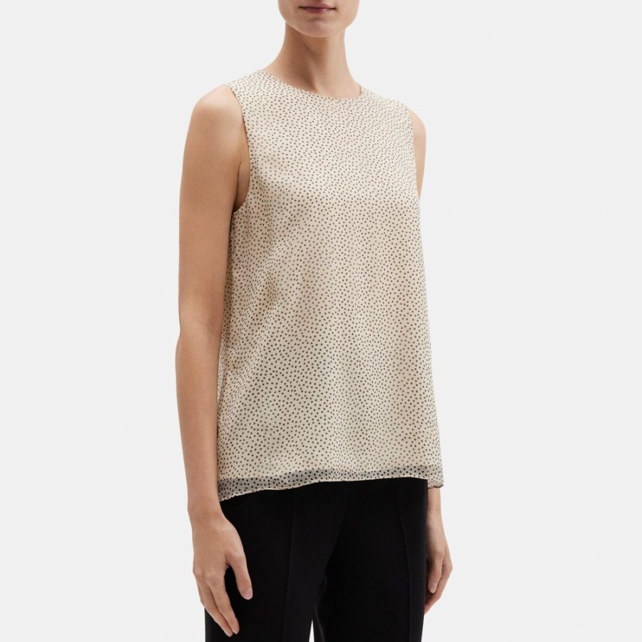 Women Theory Outlet | Straight Shell Top In Polka Dot Silk Chiffon Oatmeal Multi