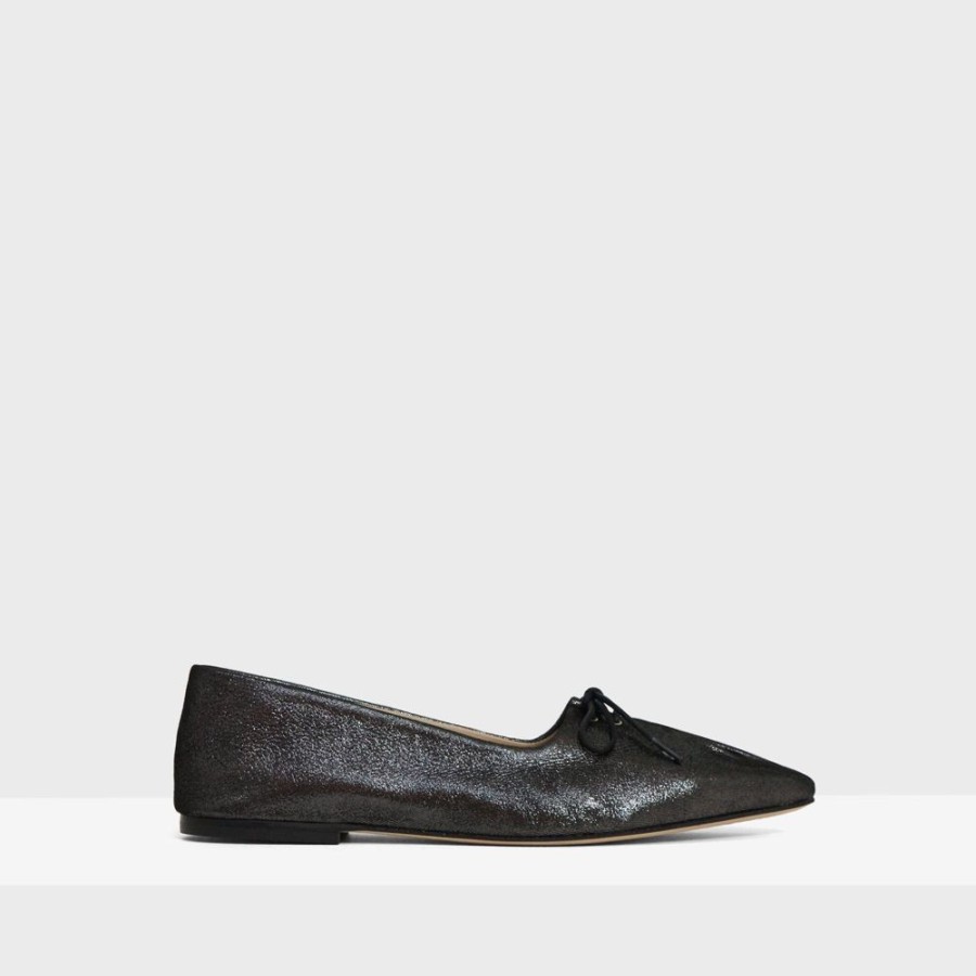 Women Theory Outlet | Pleated Ballet Flat In Metallic Suede Pewter