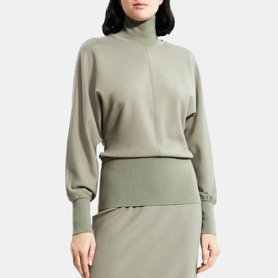 Women Theory Outlet | Turtleneck Sweater In Double-Knit Jersey Pale Green/Army