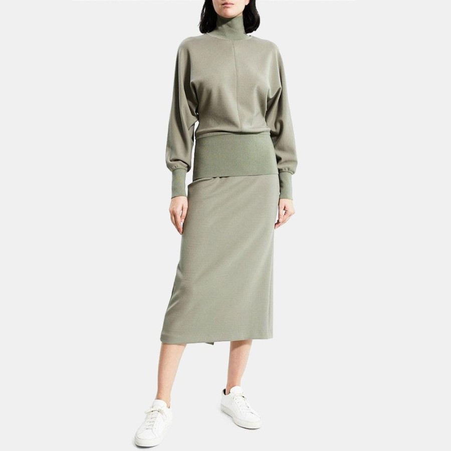 Women Theory Outlet | Turtleneck Sweater In Double-Knit Jersey Pale Green/Army