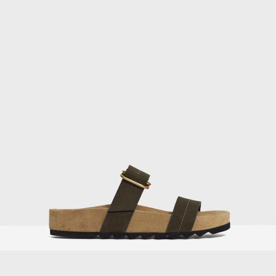 Women Theory Outlet | Buckled Slide Sandal In Nubuck Leather Dark Moss