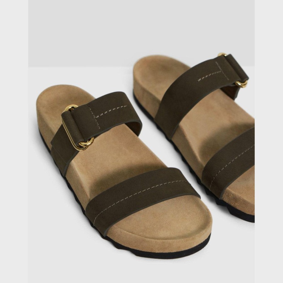 Women Theory Outlet | Buckled Slide Sandal In Nubuck Leather Dark Moss