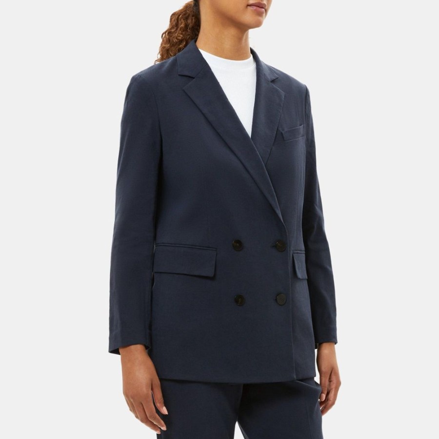 Women Theory Outlet | Double-Breasted Jacket In Linen Deep Navy