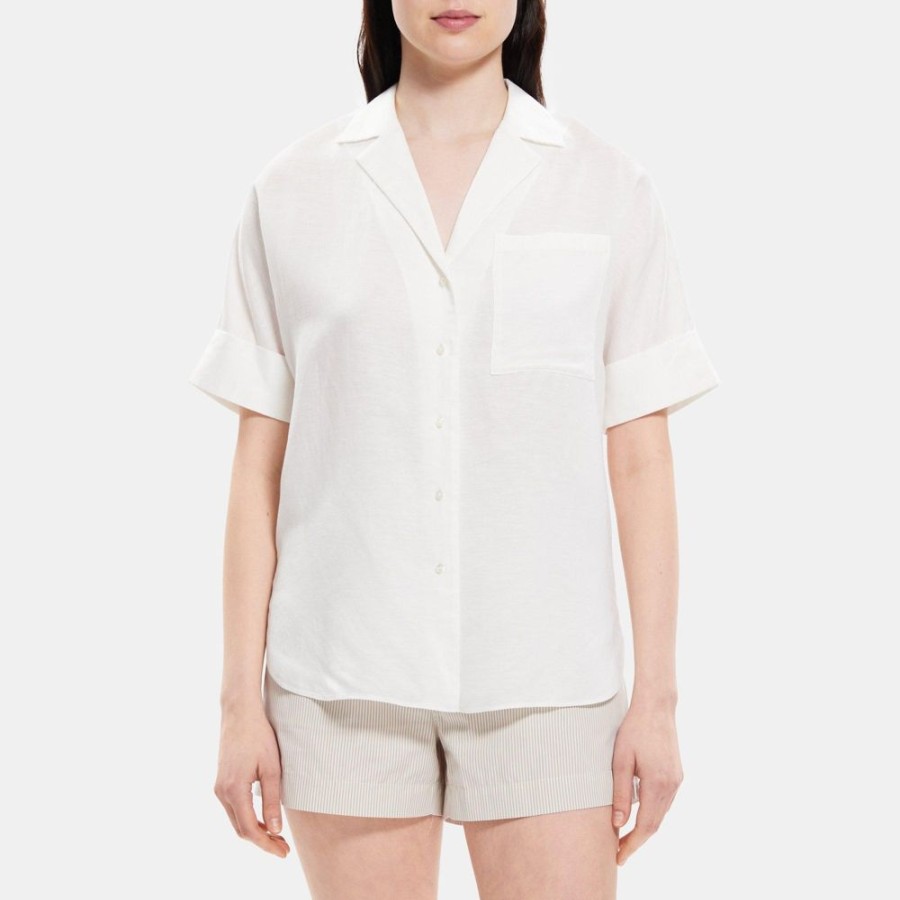 Women Theory Outlet | Short-Sleeve Shirt In Linen-Tencel White