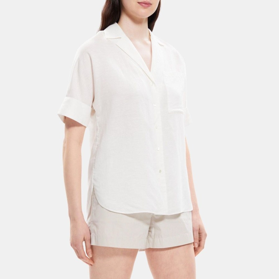 Women Theory Outlet | Short-Sleeve Shirt In Linen-Tencel White