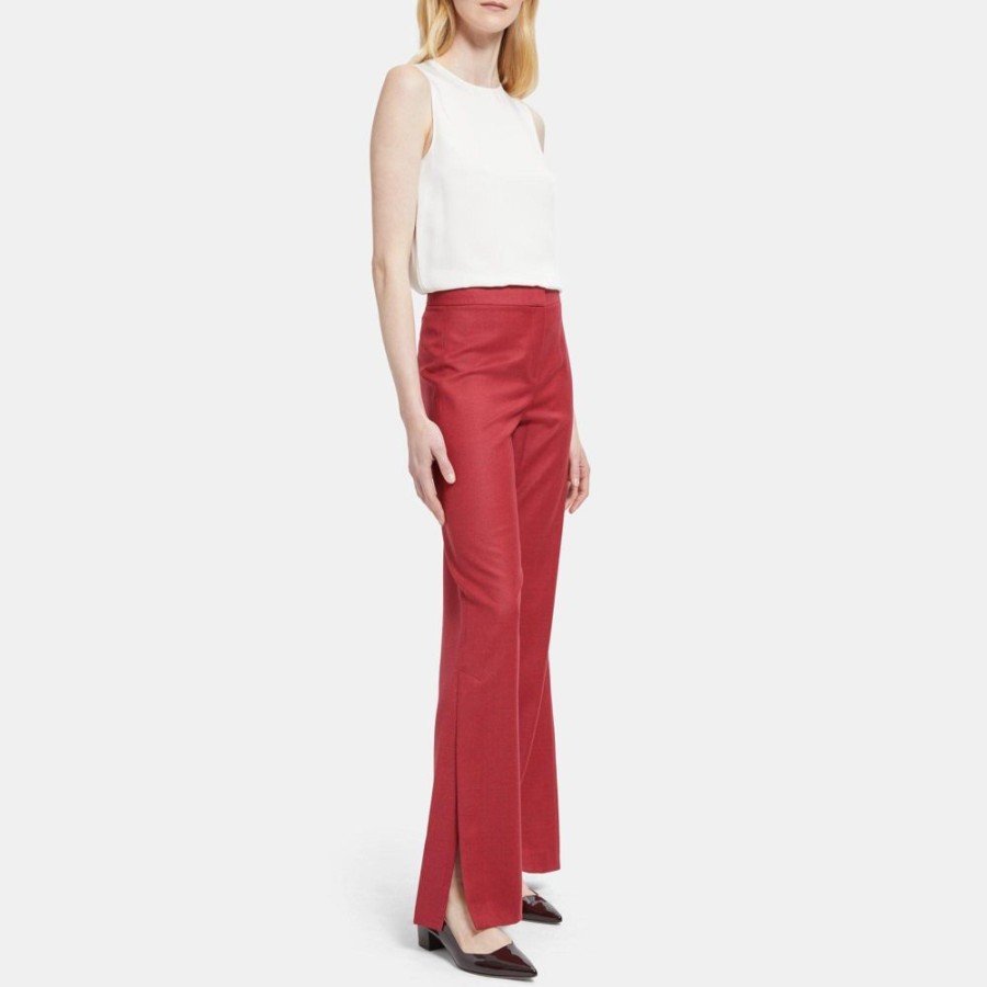 Women Theory Outlet | Slit Hem Pant In Wool Flannel Pink Ruby Melange