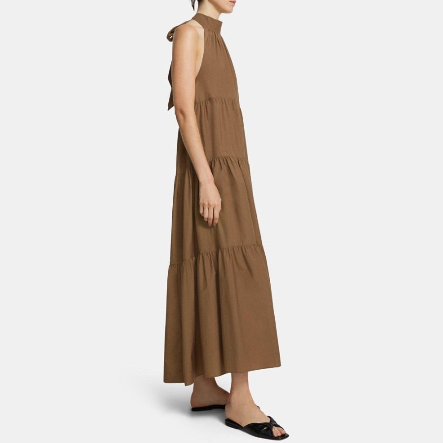 Women Theory Outlet | Tiered Halter Maxi Dress In Cotton Blend Fawn