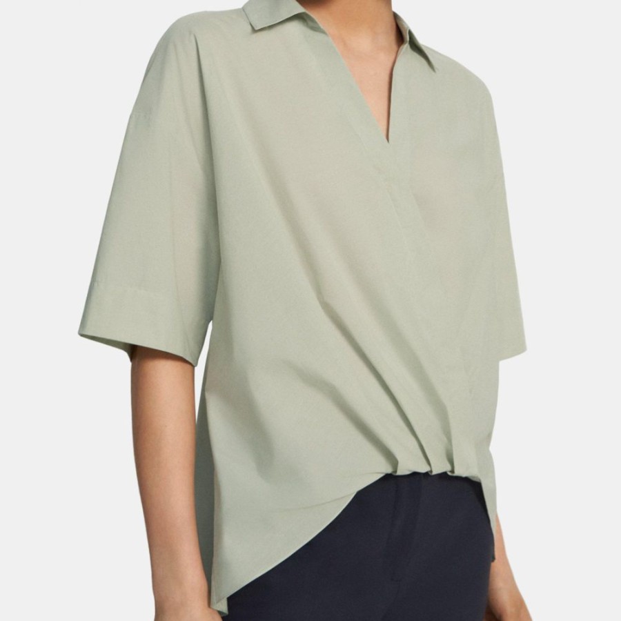 Women Theory Outlet | Twist Short-Sleeve Shirt In Cotton Melange Mist Green