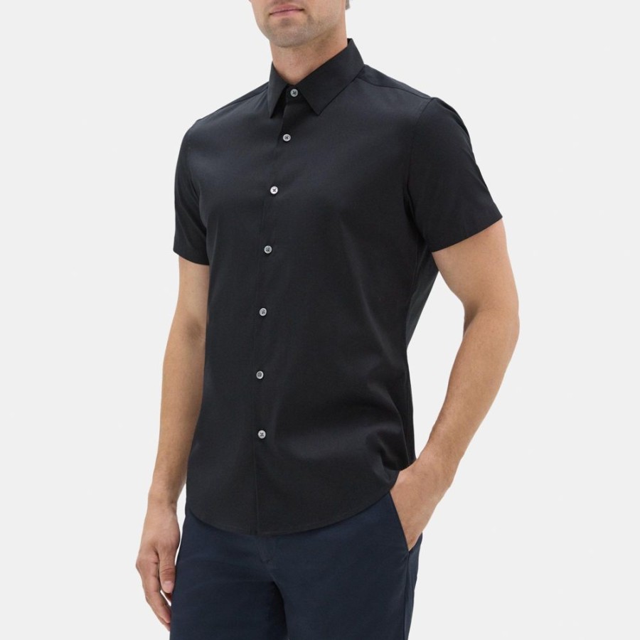 Men Theory Outlet | Tailored Short-Sleeve Shirt In Stretch Cotton Black