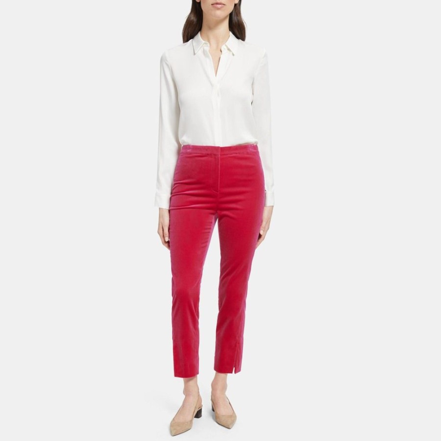 Women Theory Outlet | Cropped Slit Hem Pant In Stretch Velvet Magenta