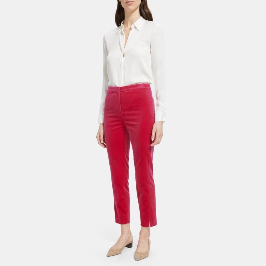 Women Theory Outlet | Cropped Slit Hem Pant In Stretch Velvet Magenta