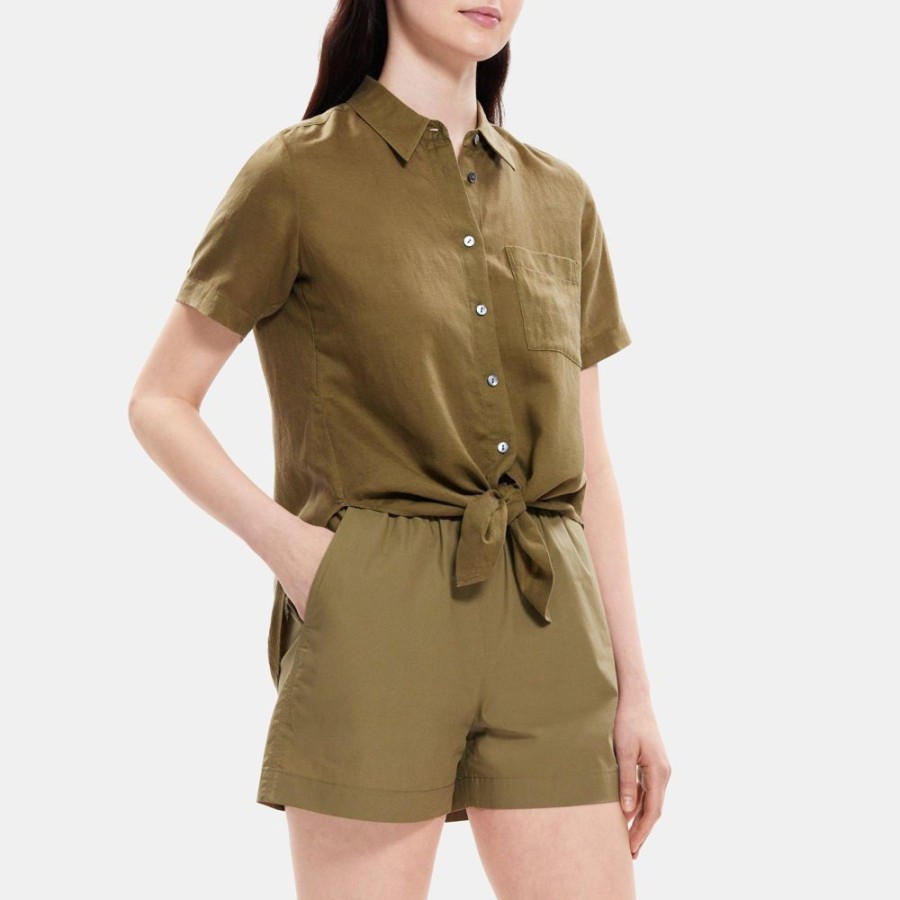 Women Theory Outlet | Tie-Front Shirt In Linen-Tencel Burnt Olive