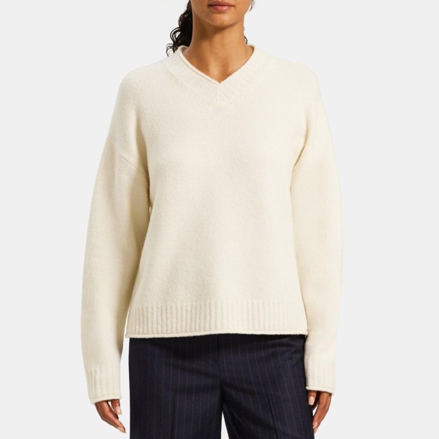 Women Theory Outlet | High V-Neck Sweater In Wool-Blend Ivory