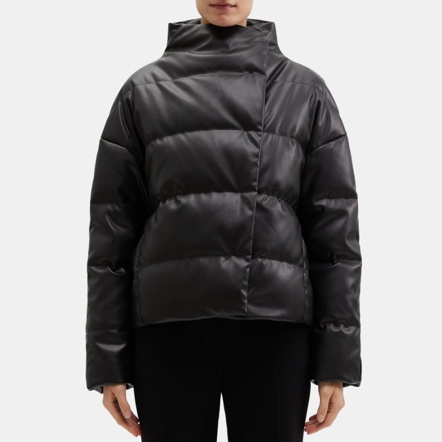 Women Theory Outlet | Cropped Puffer Jacket In Faux Leather Black