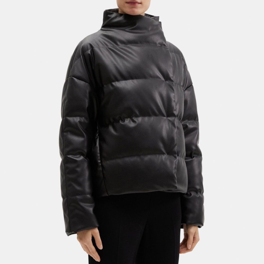 Women Theory Outlet | Cropped Puffer Jacket In Faux Leather Black