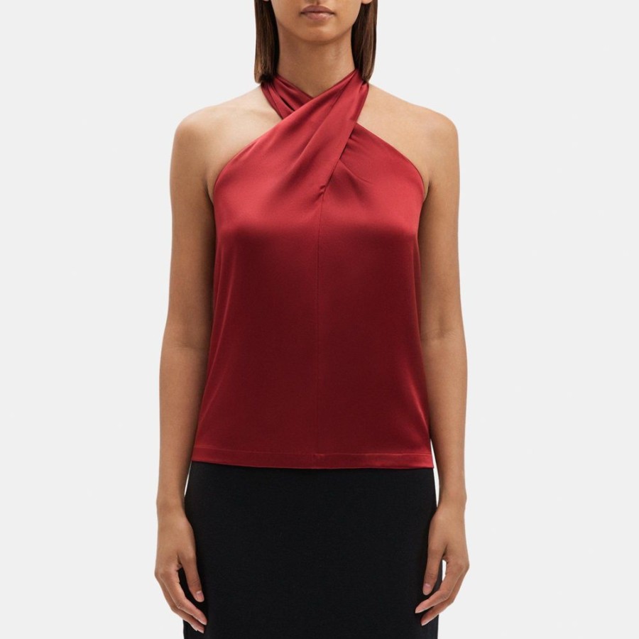 Women Theory Outlet | Cross-Front Halter Top In Stretch Satin Red Dahlia