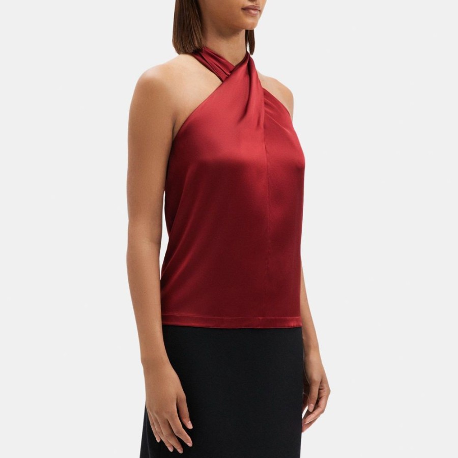 Women Theory Outlet | Cross-Front Halter Top In Stretch Satin Red Dahlia