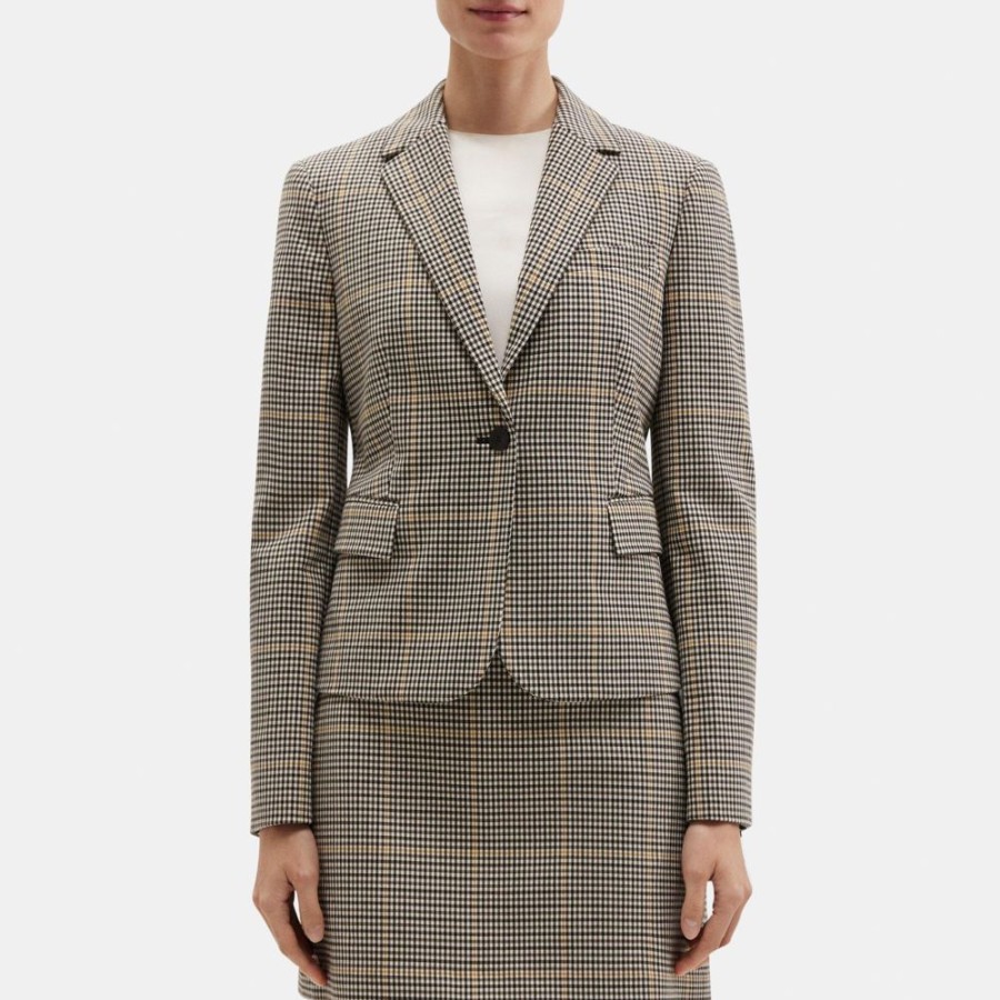 Women Theory Outlet | Shrunken Blazer In Checked Wool-Blend Ivory Multi