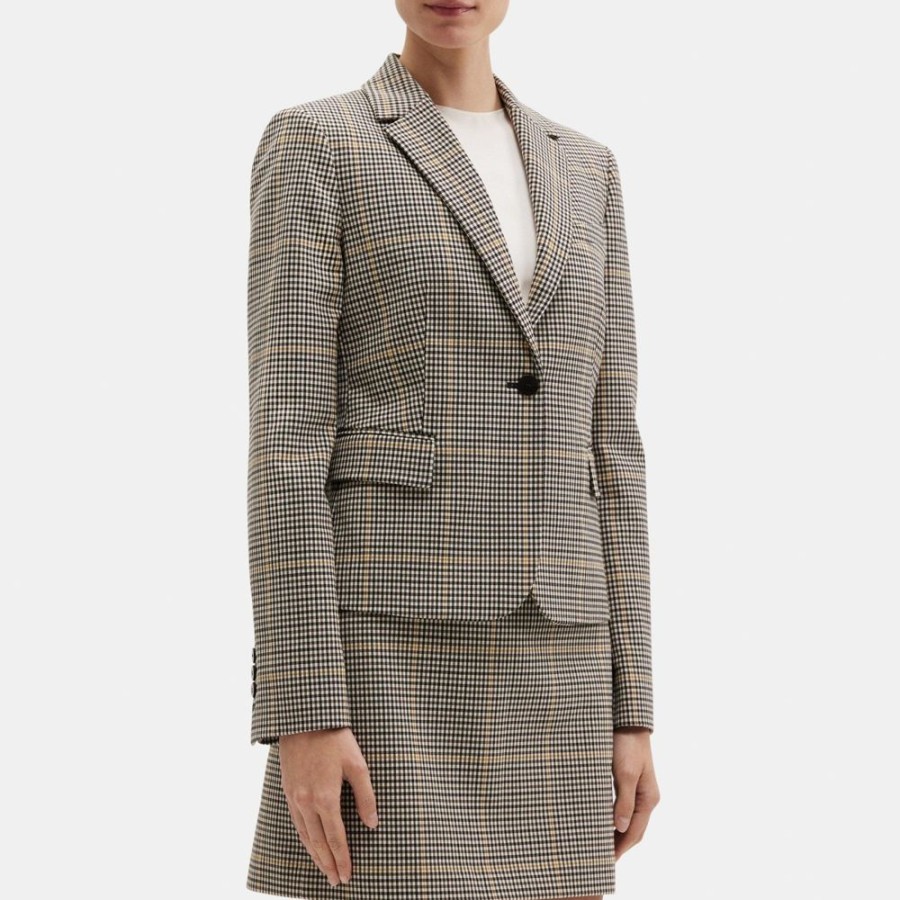 Women Theory Outlet | Shrunken Blazer In Checked Wool-Blend Ivory Multi