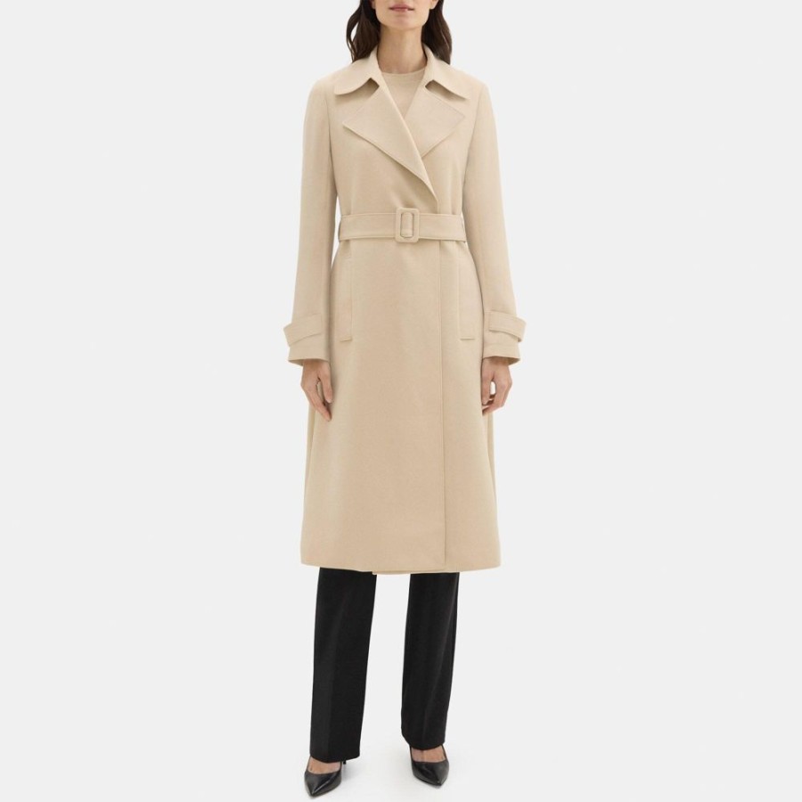 Women Theory Outlet | Relaxed Trench Coat In Crepe Warm Khaki