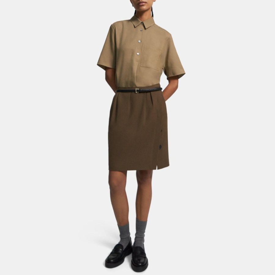 Women Theory Outlet | Wool Twill Pleated Skirt Timber