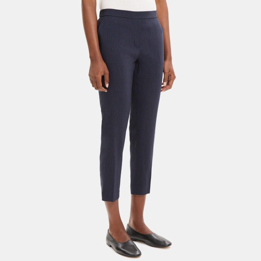 Women Theory Outlet | Slim Cropped Pull-On Pant In Linen-Blend Deep Navy