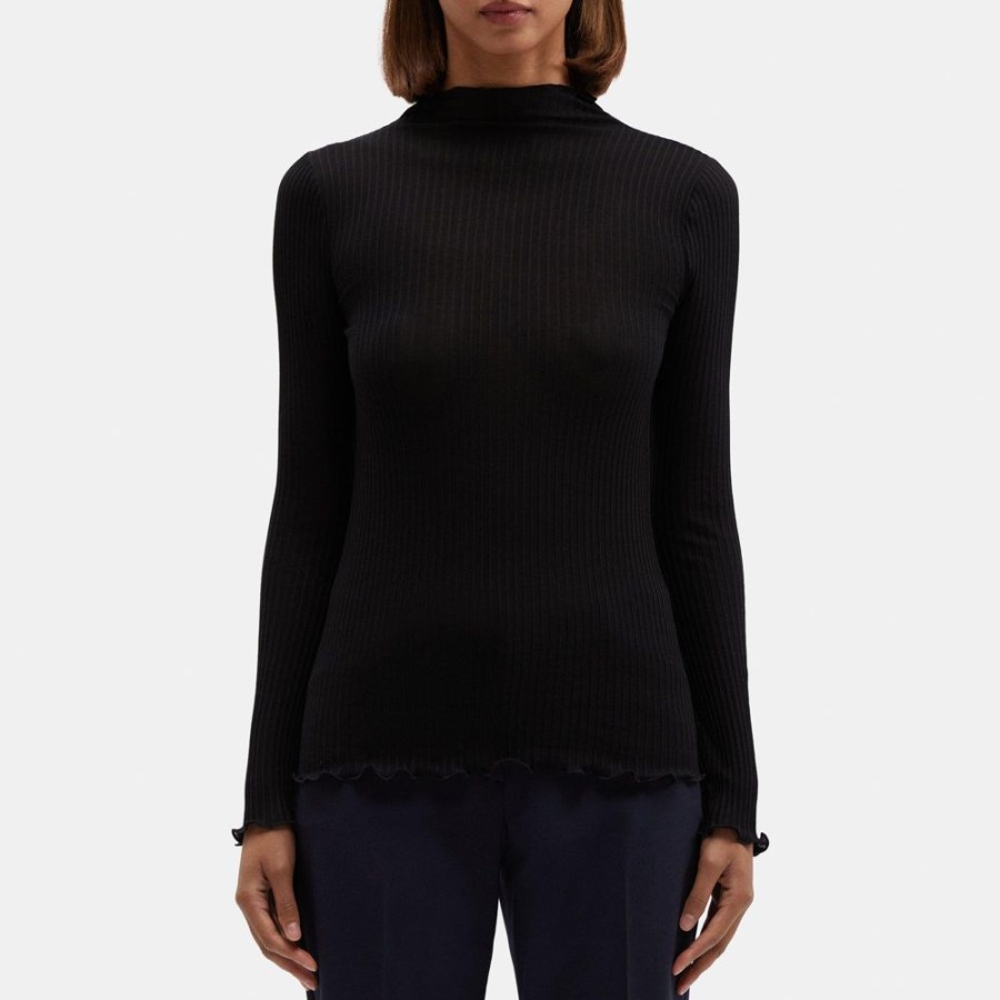 Women Theory Outlet | Funnel Neck Tee In Silk-Cotton Black