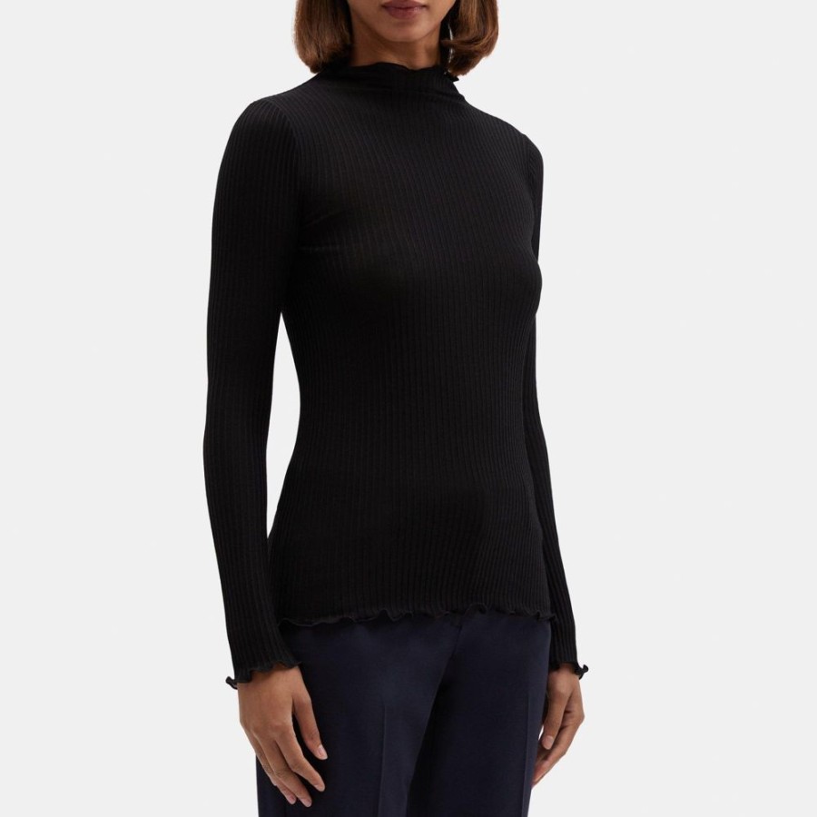 Women Theory Outlet | Funnel Neck Tee In Silk-Cotton Black