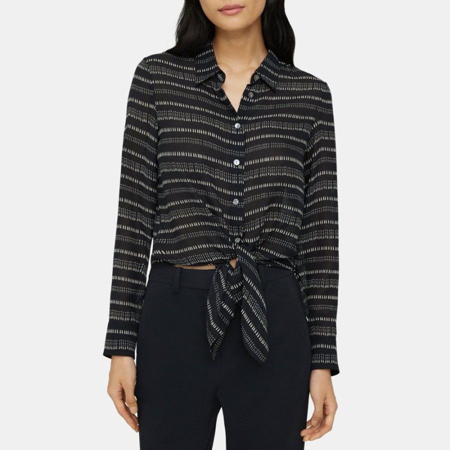 Women Theory Outlet | Tie Waist Shirt In Printed Silk Crepe Black Multi