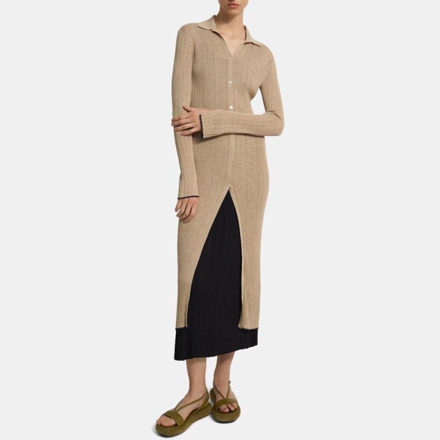 Women Theory Outlet | Long Ribbed Cardigan In Washable Silk Oat Melange