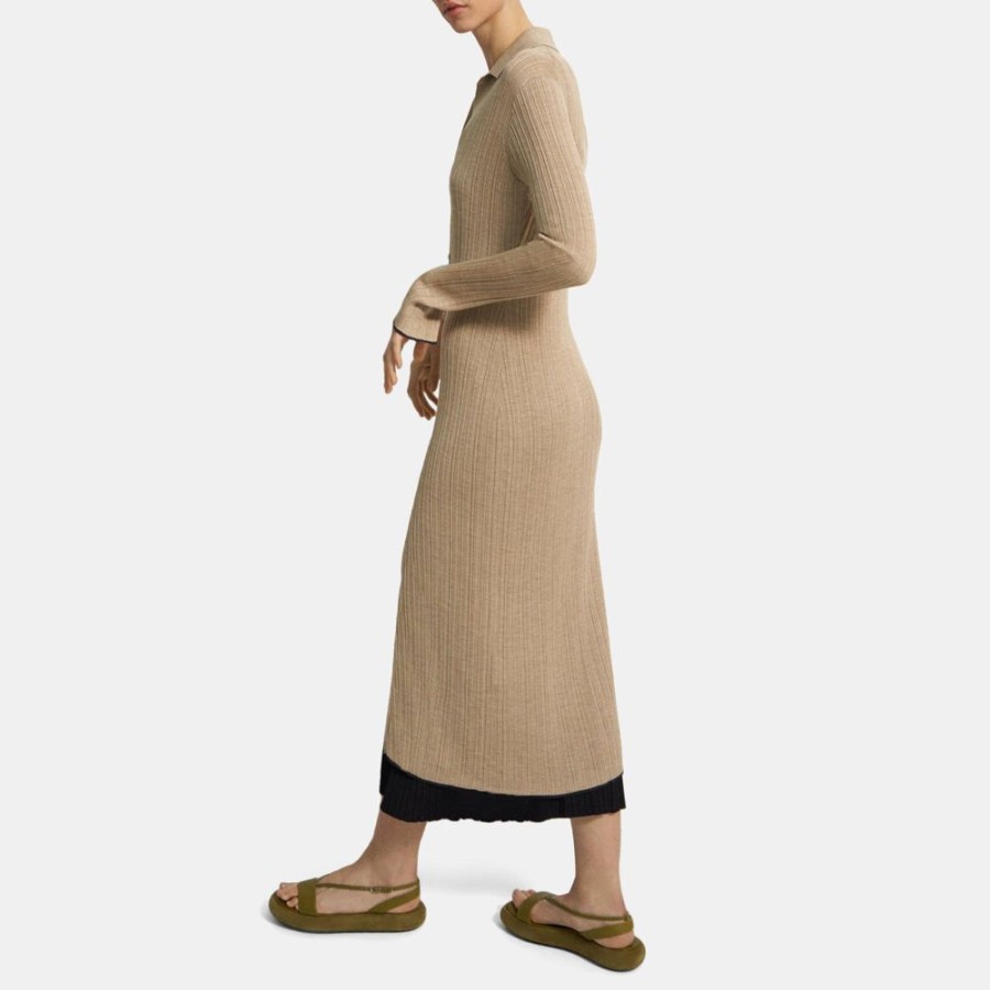 Women Theory Outlet | Long Ribbed Cardigan In Washable Silk Oat Melange