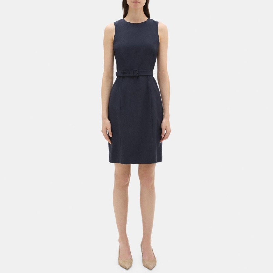 Women Theory Outlet | Belted Dress In Sevona Stretch Wool Navy