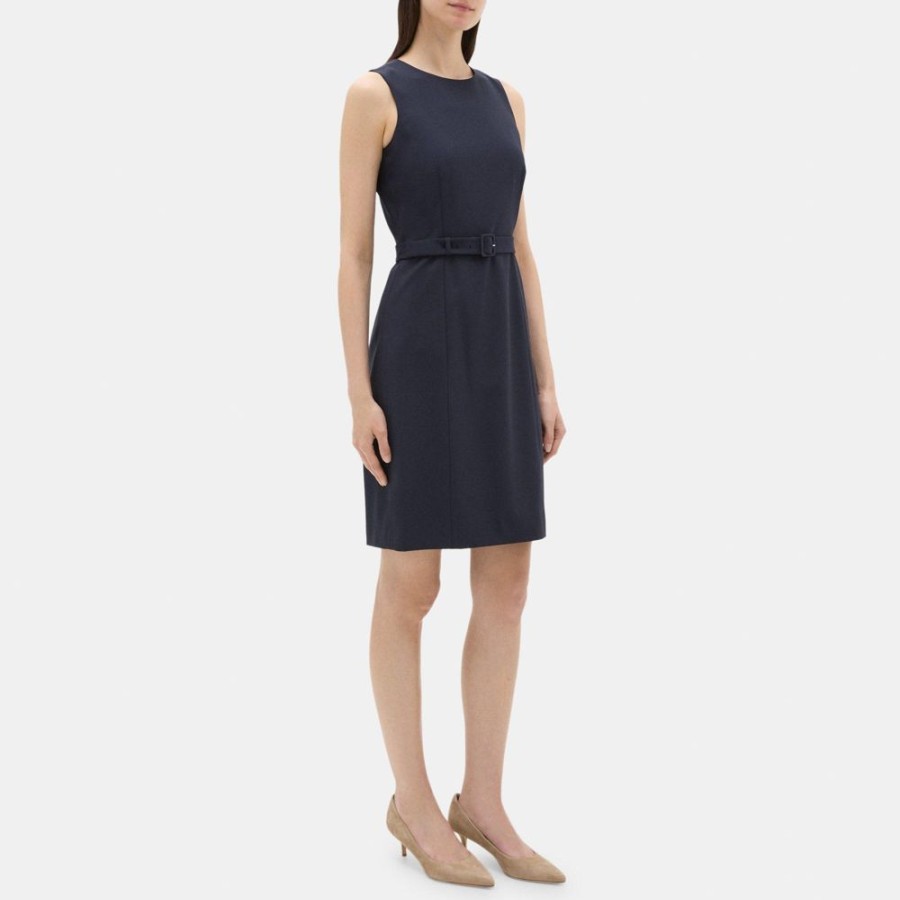 Women Theory Outlet | Belted Dress In Sevona Stretch Wool Navy