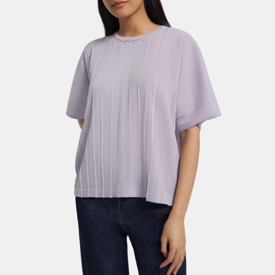 Women Theory Outlet | Pleated Short-Sleeve Sweater In Cotton Blend Wisteria