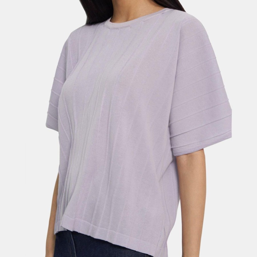 Women Theory Outlet | Pleated Short-Sleeve Sweater In Cotton Blend Wisteria