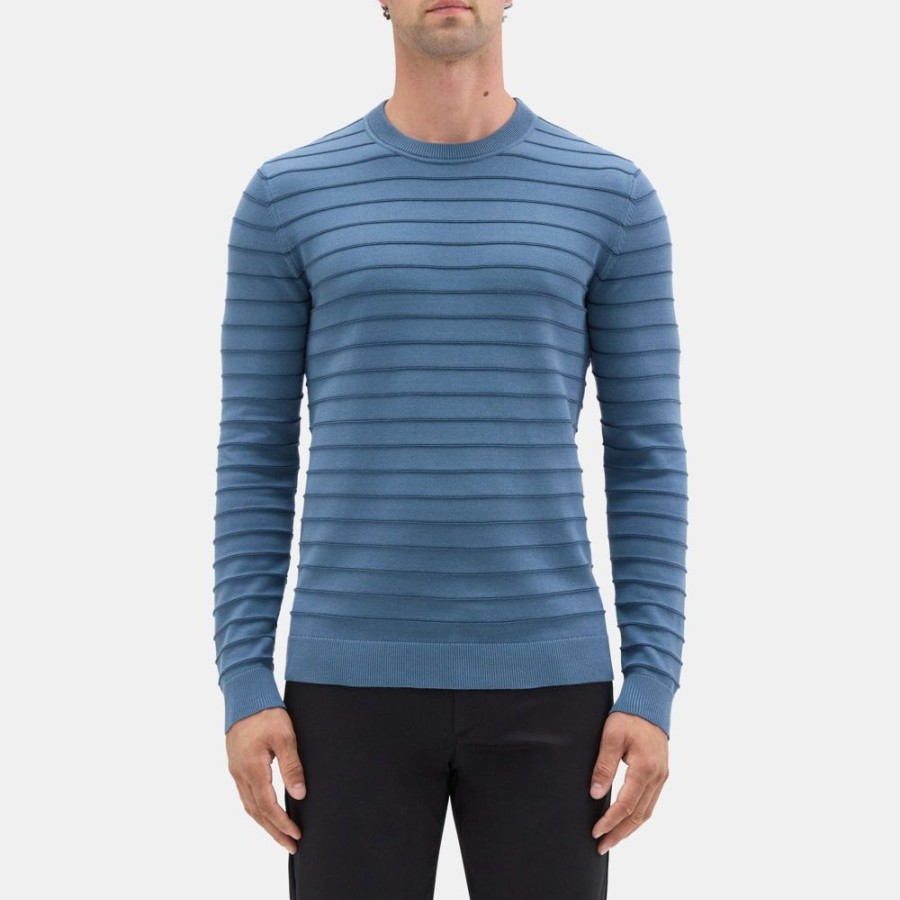 Men Theory Outlet | Crewneck Sweater In Striped Organic Cotton Bering/Stratus Navy