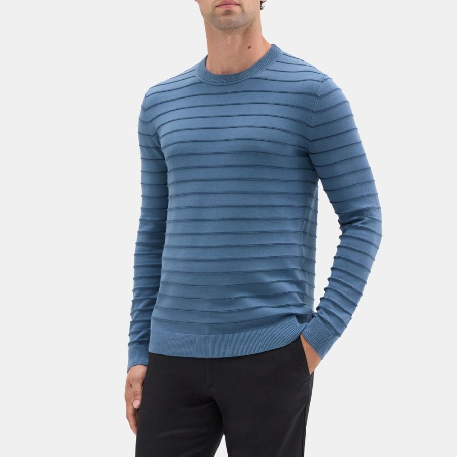 Men Theory Outlet | Crewneck Sweater In Striped Organic Cotton Bering/Stratus Navy