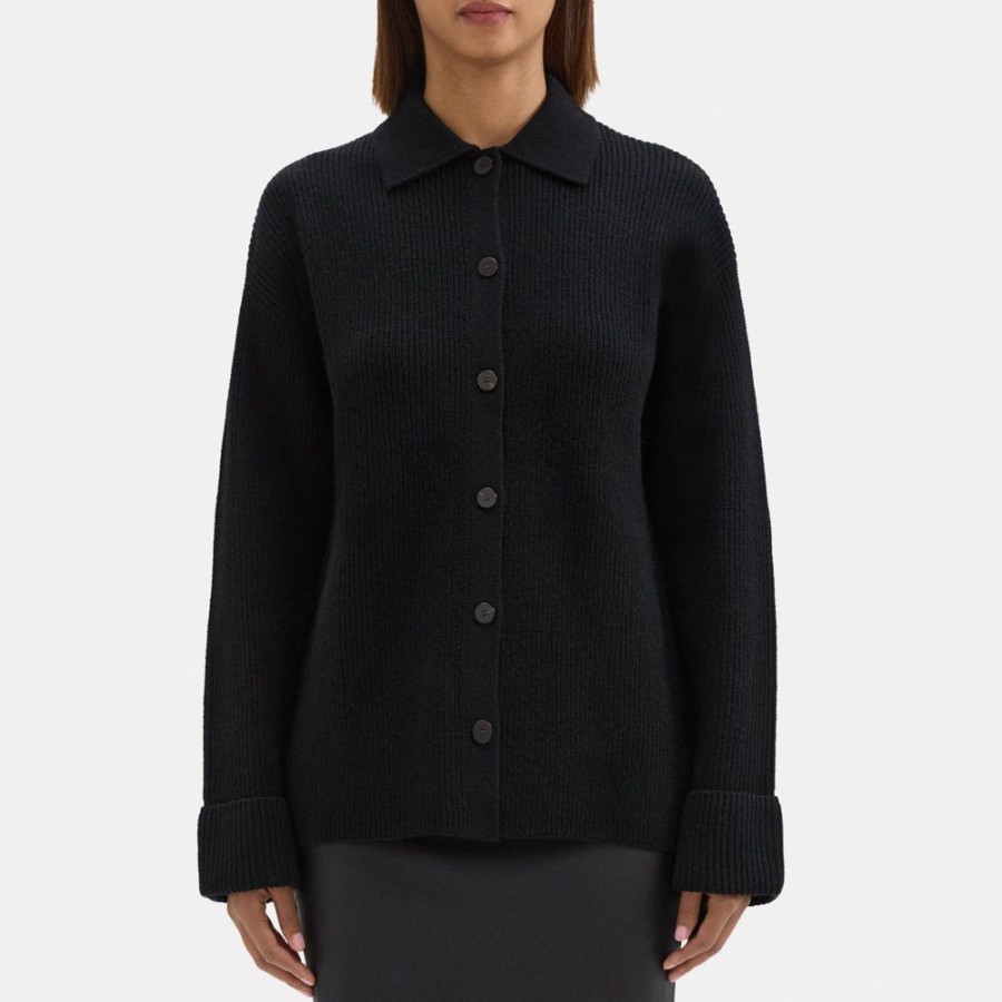 Women Theory Outlet | Polo Cardigan In Wool-Cashmere Black