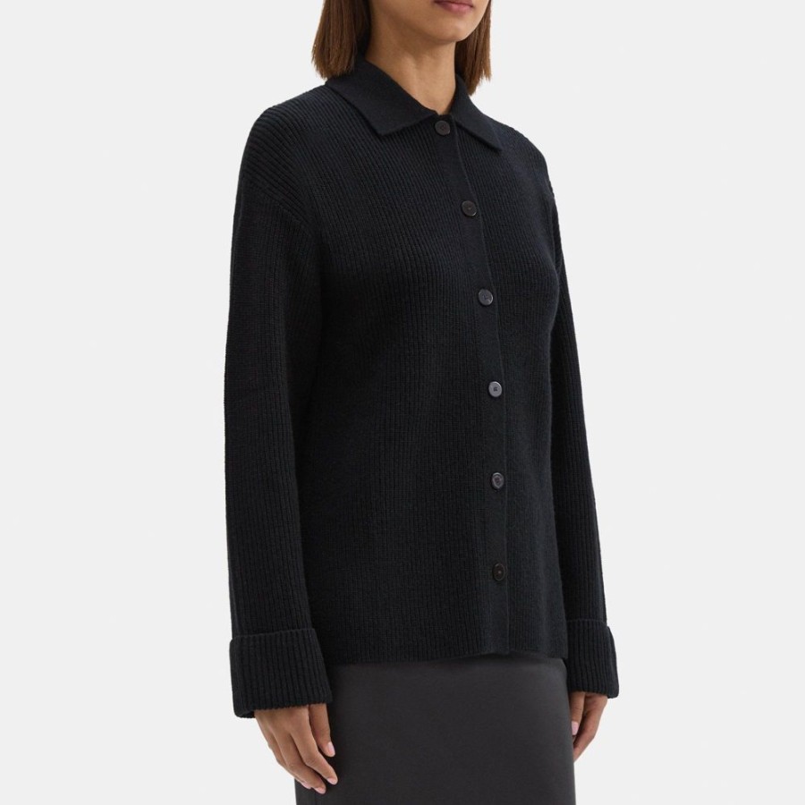 Women Theory Outlet | Polo Cardigan In Wool-Cashmere Black