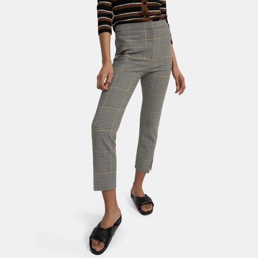 Women Theory Outlet | Straight Slit Pant In Plaid Wool Ivory Multi