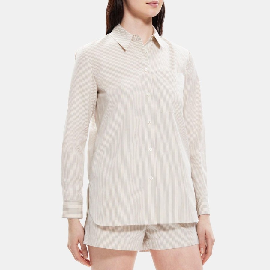 Women Theory Outlet | Menswear Shirt In Cotton Sand Multi