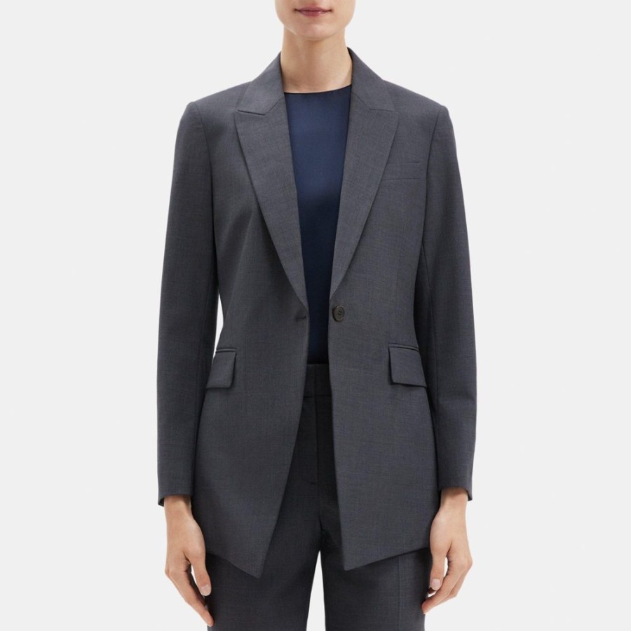 Women Theory Outlet | Single-Breasted Blazer In Stretch Wool Charcoal Melange